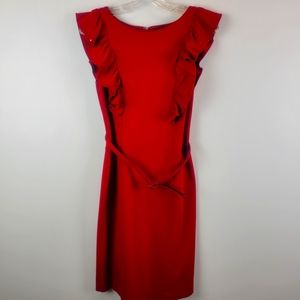 Express Dress Belted Fitted Size S Ruffle Sleeveless Holiday Knee length Red